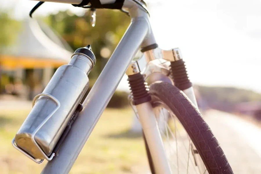 Stainless steel water bottle attached to road bike