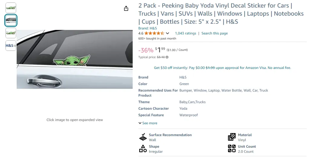 2 Pack - Peeking Baby Yoda Vinyl Decal Sticker