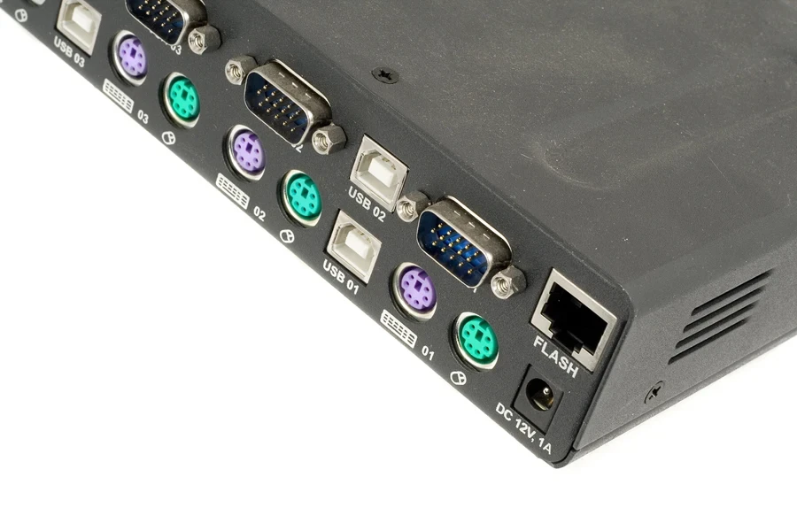 A black KVM switch with multiple sources