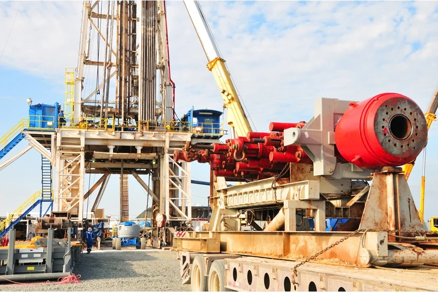 A blowout preventer ready for installation at an oil rig