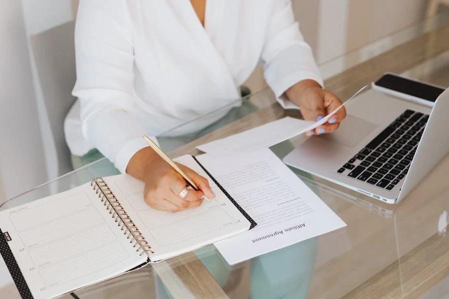 A businesswoman getting data from documents