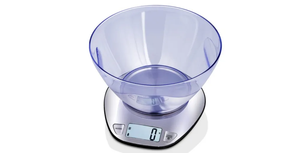 A digital kitchen scale with weighing bowl on top