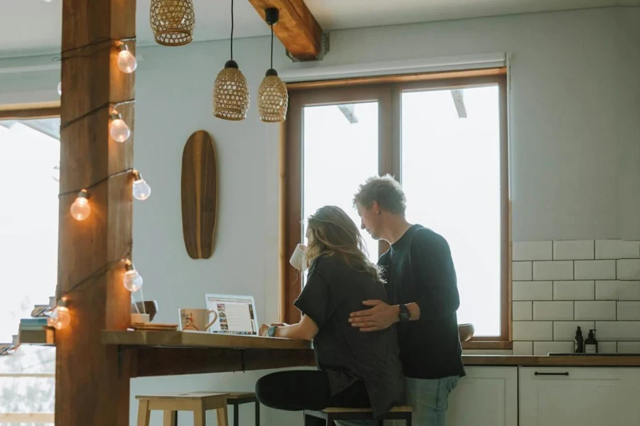 A dining area doubling as a coffee station offers multi-functionality