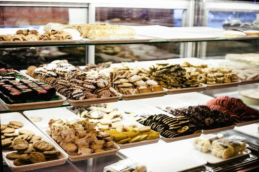 A display case with different types of cookies