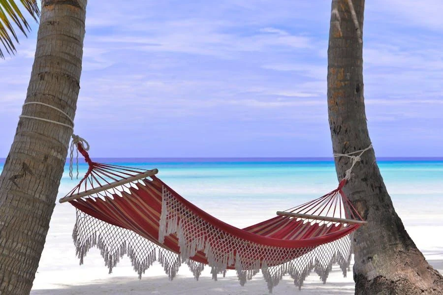 A hammock with spreader bars hanging between two trees on the beach