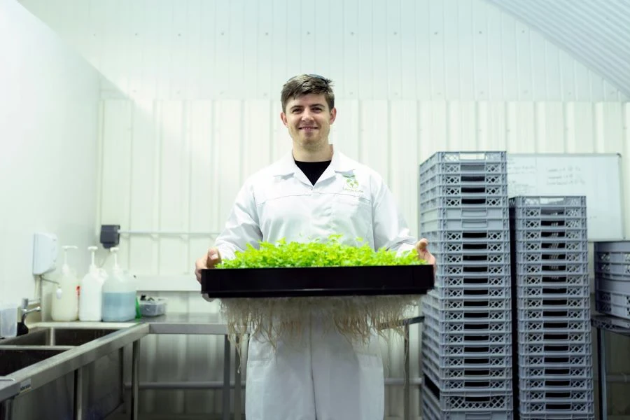 A man holding hydroponic grown plants in a lab