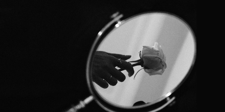 A person holding a rose in front of a mirror