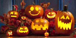 A selection of pumpkins with 9 easy different carvings