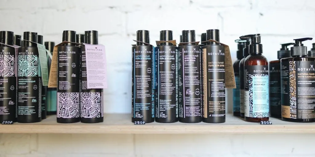 A set of shampoo bottles displayed on a shelf