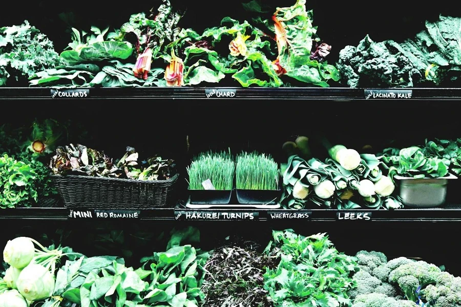 A shelf full of vegetables