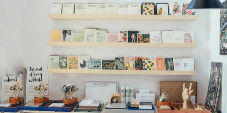 A shelf with books and cards