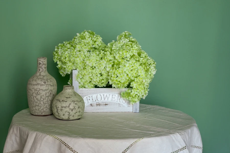 A table with decor against a sage green wall