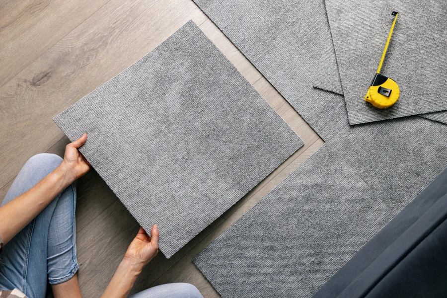 A woman installing carpet tiles on a floor