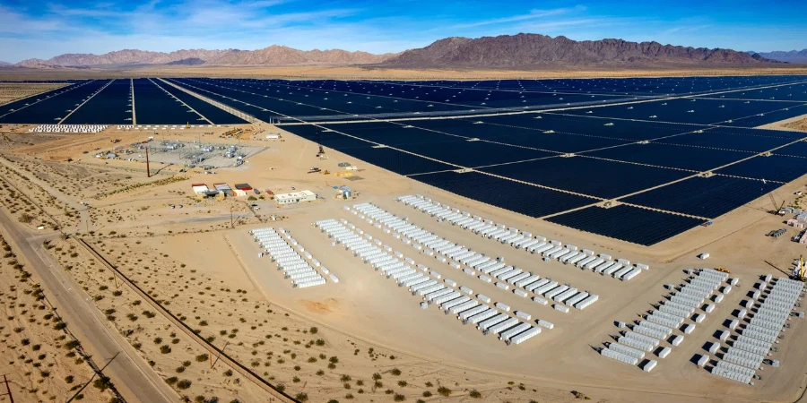 Aerial view of industrial battery units storing electricity