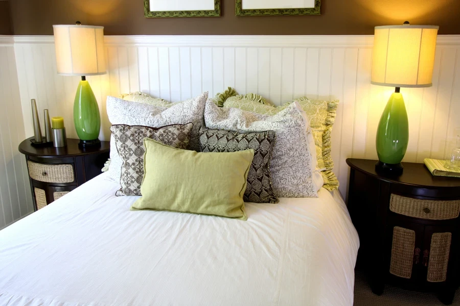 Bedroom with beadboard as headboard