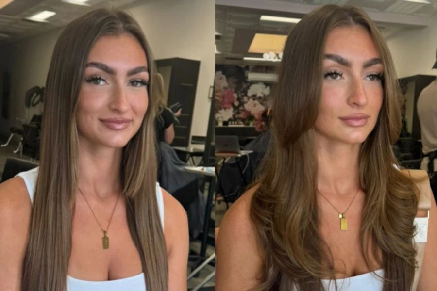 Before and after image of woman with new curtain bangs haircut