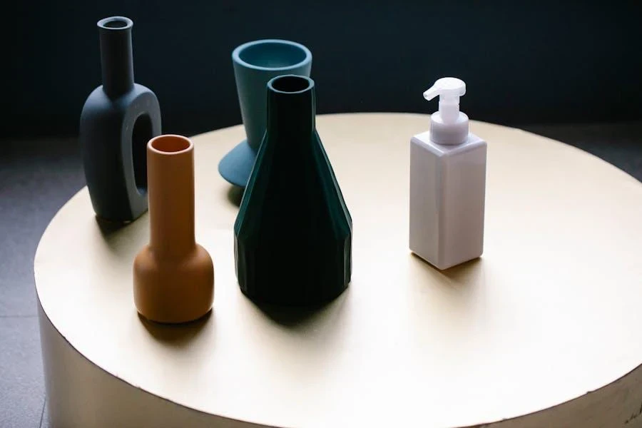 Blank bottle of shampoo arranged on a table with various vases