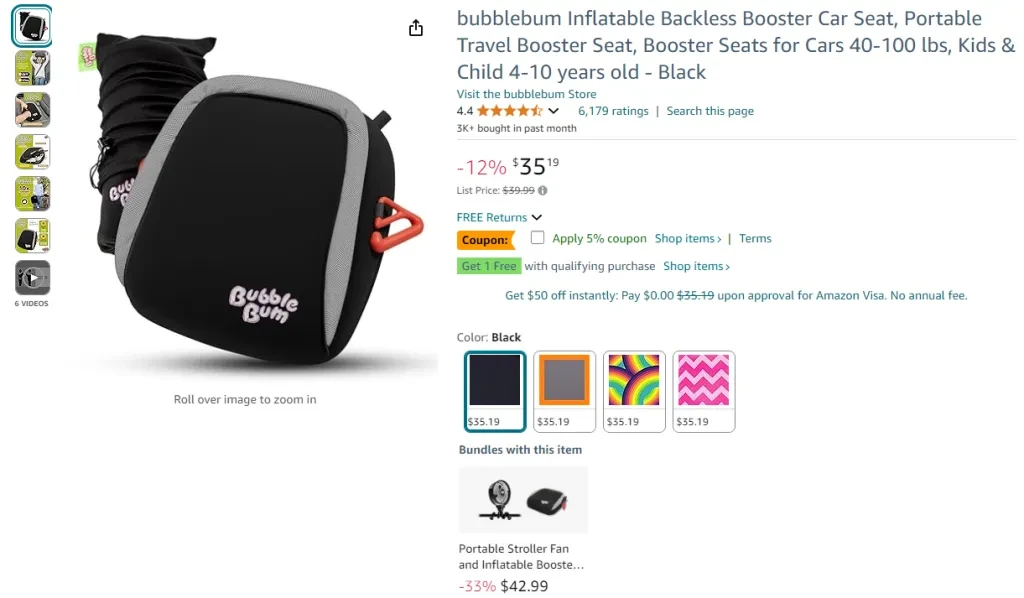 BubbleBum Inflatable Backless Booster Car Seat