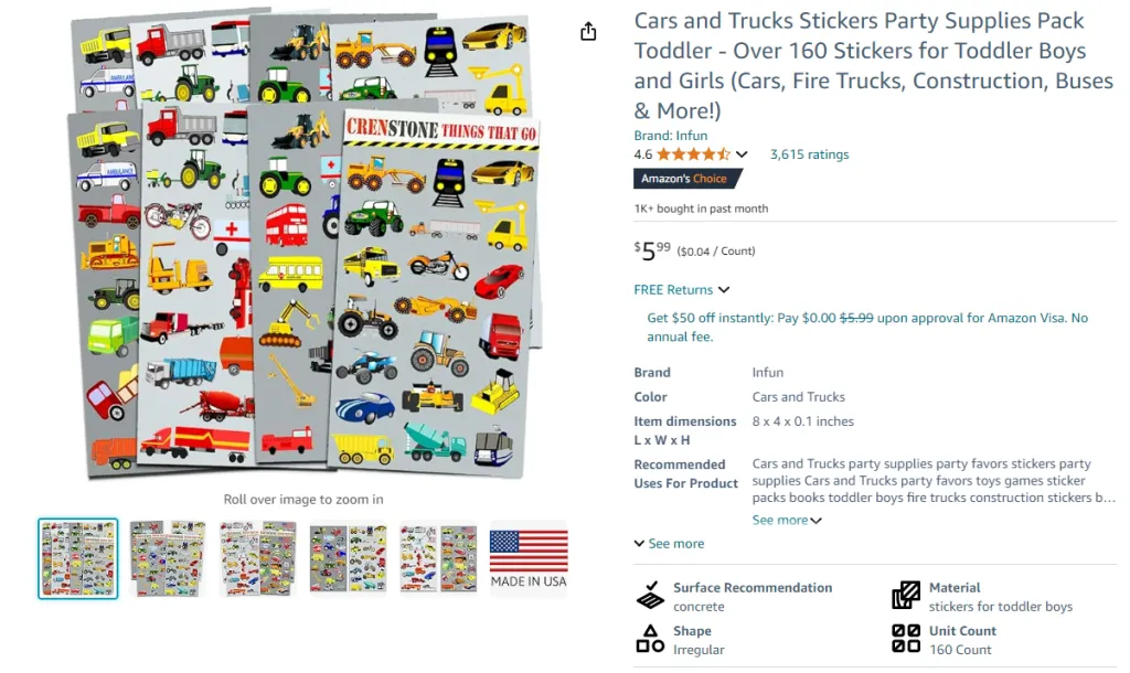 Cars and Trucks Stickers Party Supplies Pack for Toddlers