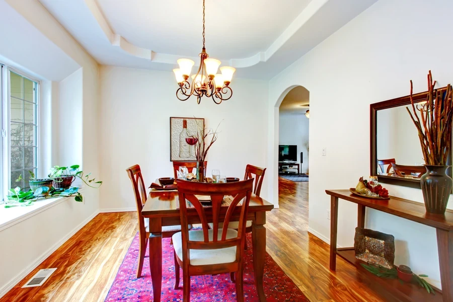 Coffered ceiling with decor and pendant light