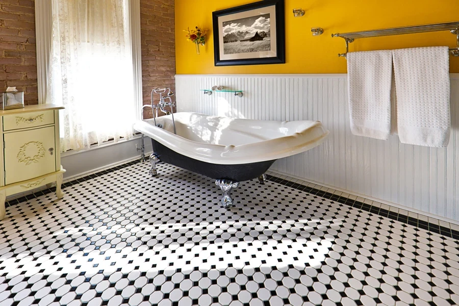 Contrasting beadboard and wall in a bathroom