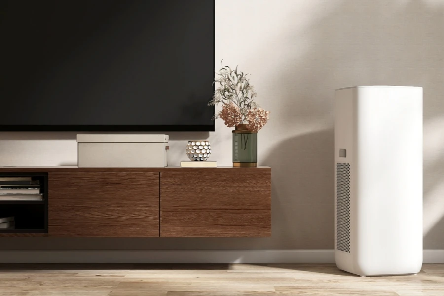 Dehumidifier next to a wooden cabinet