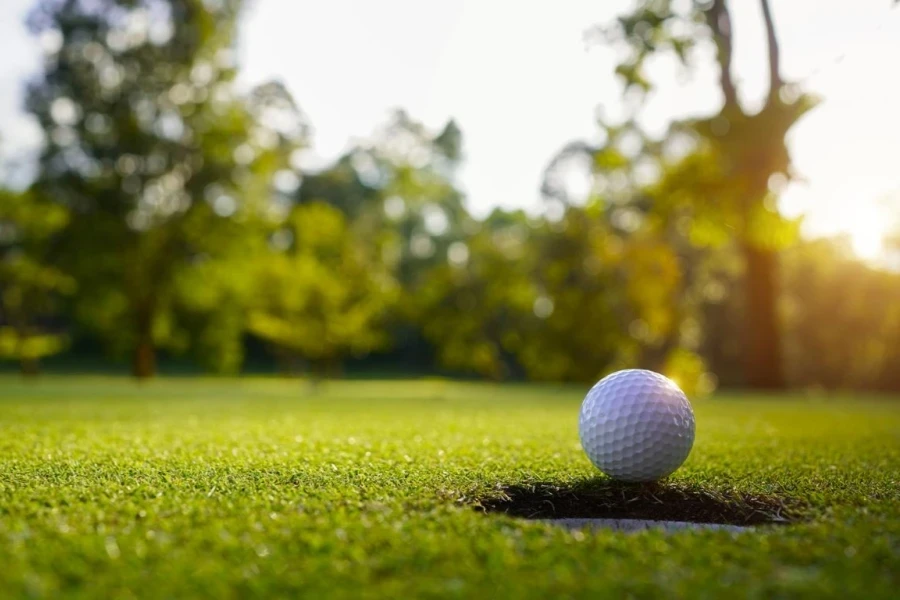 Golf ball on green grass in the evening golf course with sunshine