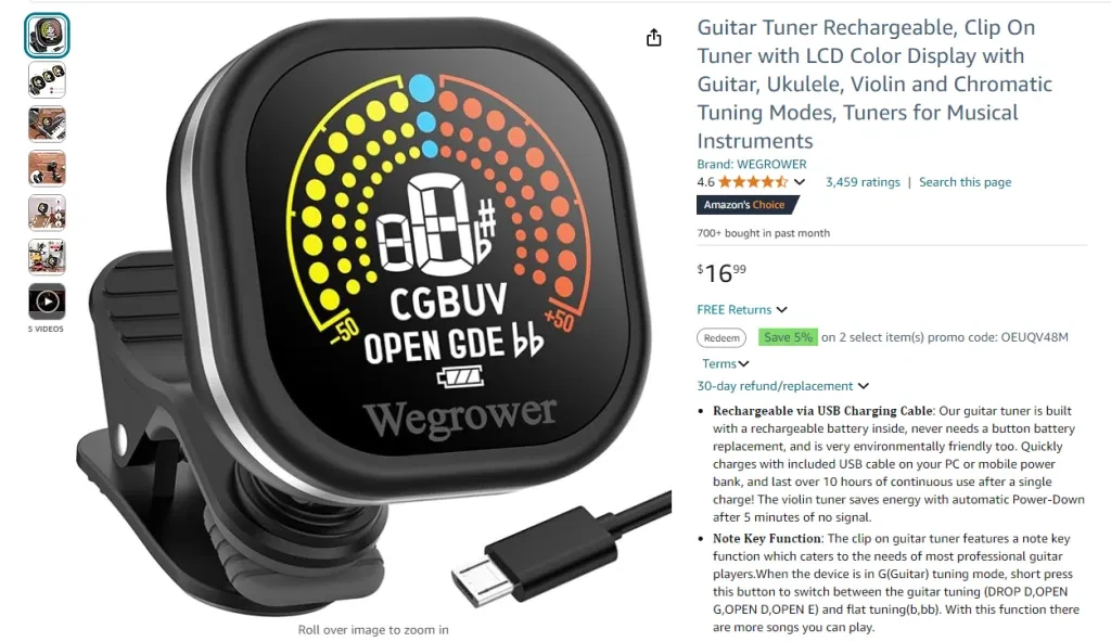 Guitar Tuner Rechargeable, Clip-On Tuner with LCD