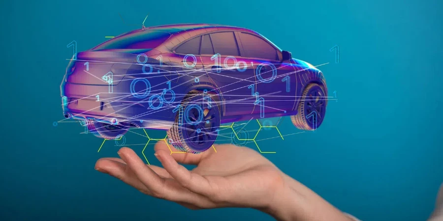 Hand of a woman with digital 3D rendering of a car