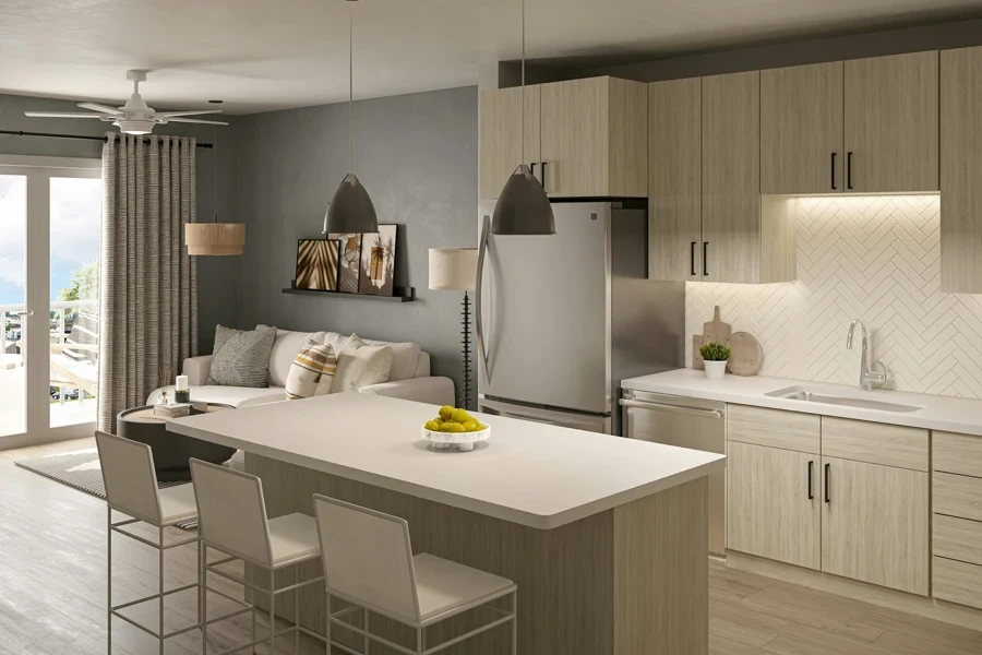 Kitchen with a white herringbone backsplash