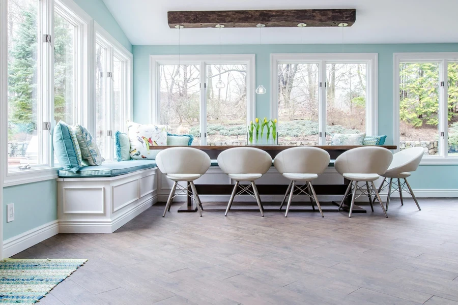 Long kitchen nook in the hues of gray and teal