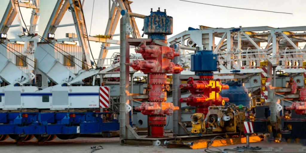 Machinery installing a blowout preventer at an oil well