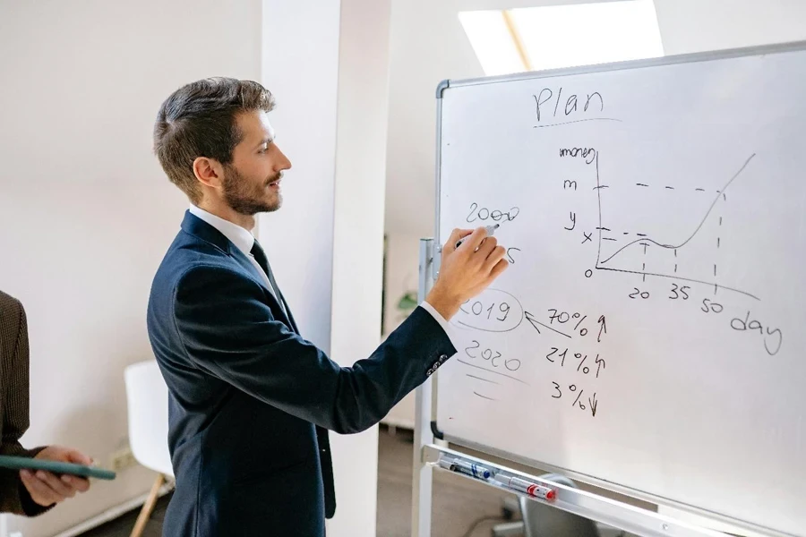 Man in Blue Suit Writing on White Board