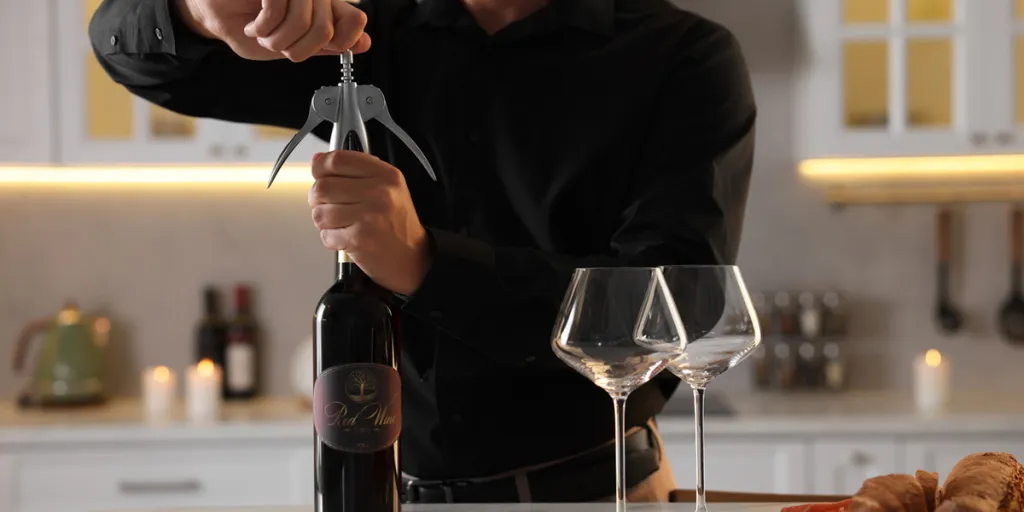 Man opening a wine bottle with a winged corkscrew