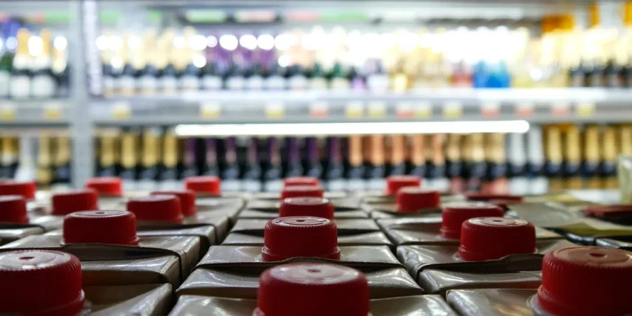 Many carton packaging of wine with red caps on a store shelf close-up