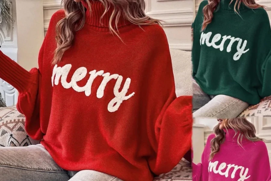 Merry Christmas Embroidered Turtleneck Pullover Sweater