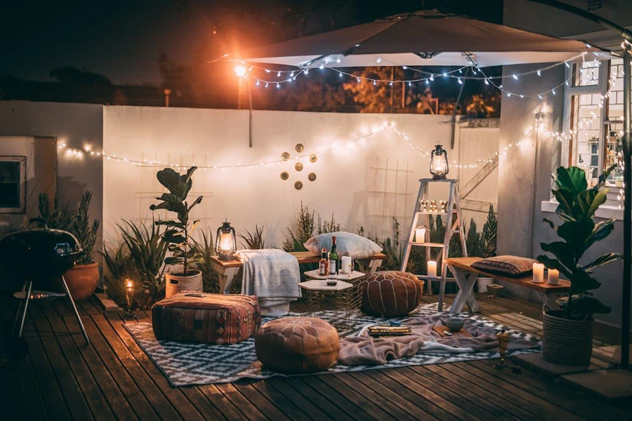 Patio string lights create a welcoming and festive vibe