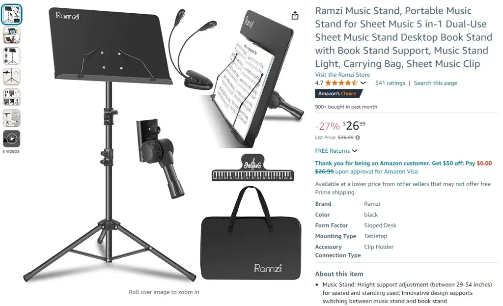 Ramzi Music Stand, Portable Music Stand for Sheet Music