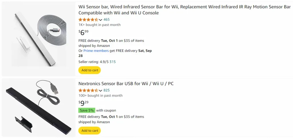 Screenshot about Sensor bars from Amazon