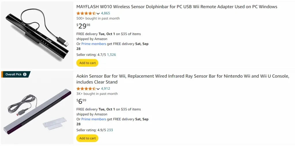 Screenshot about Sensor bars from Amazon