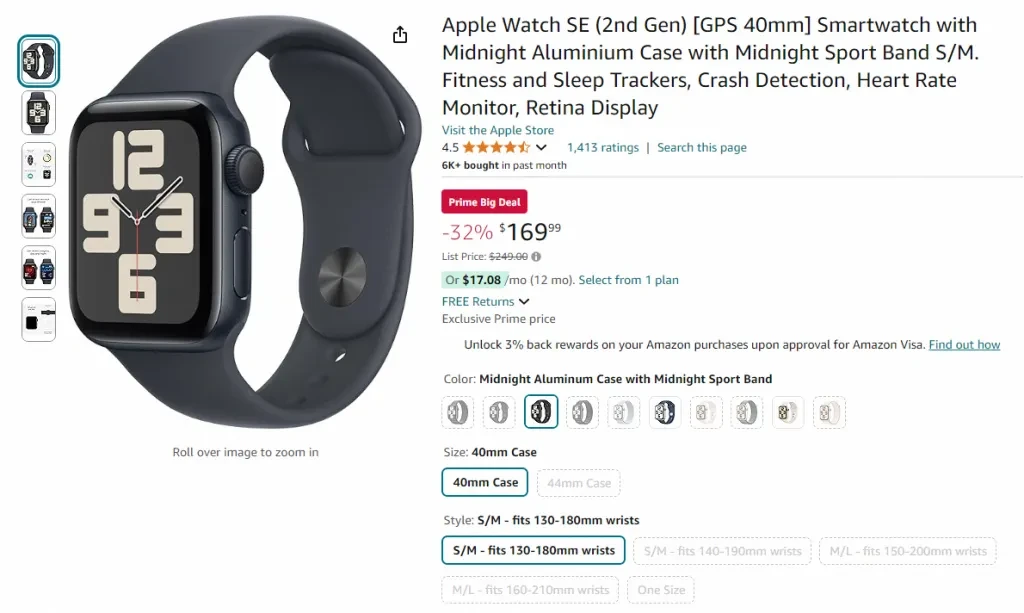 Screenshot of Apple Watch SE (2nd Generation) on Amazon