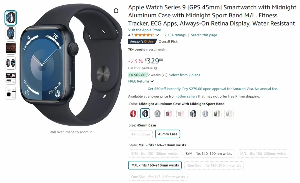 Screenshot of Apple Watch Series 9 on Amazon