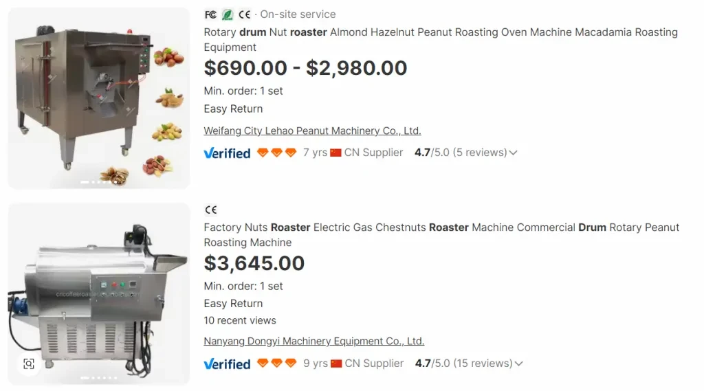 Screenshot of Drum Roasters from Alibaba.com