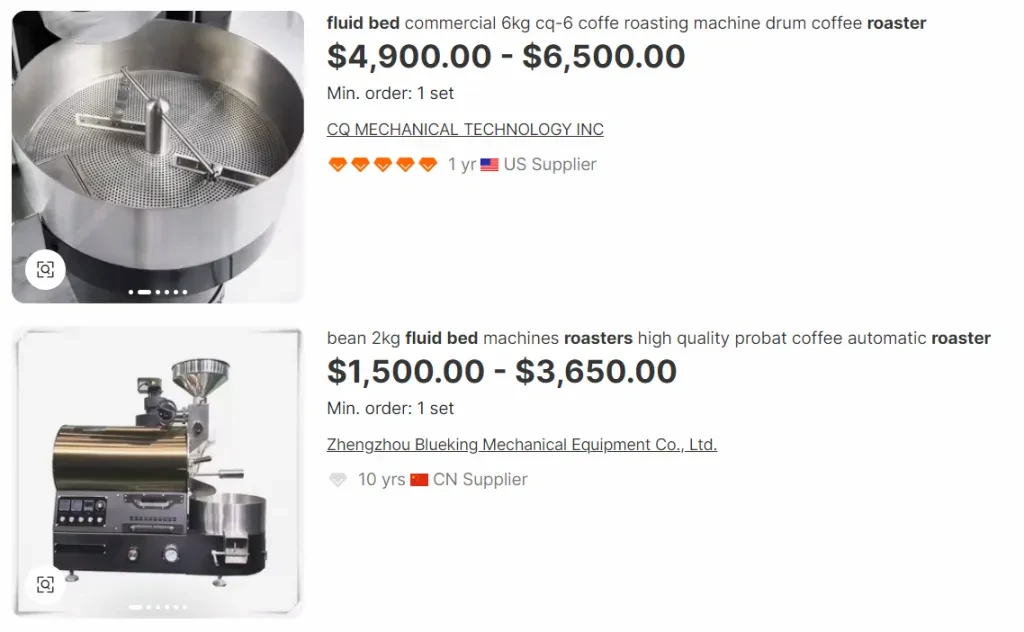 Screenshot of Fluid bed roasters from Alibaba.com