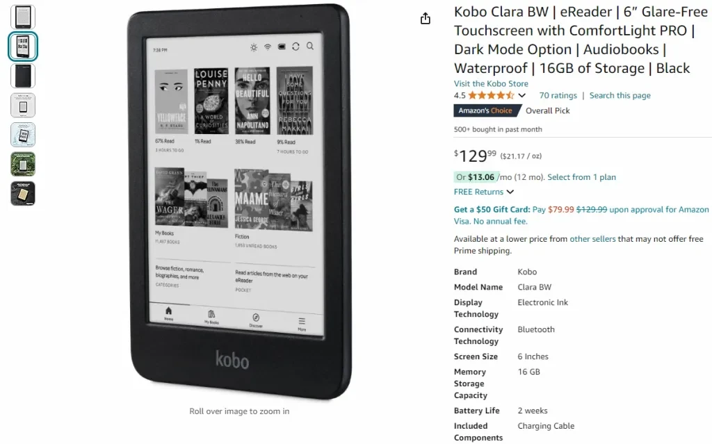 Screenshot of Kobo eReader in Amazon