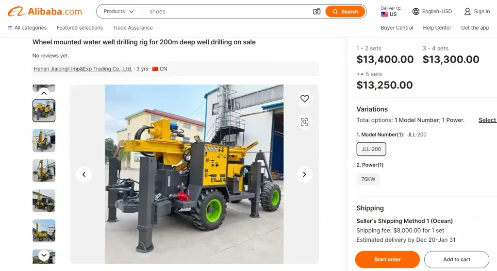 Screenshot of Well Drilling Machine in Alibaba