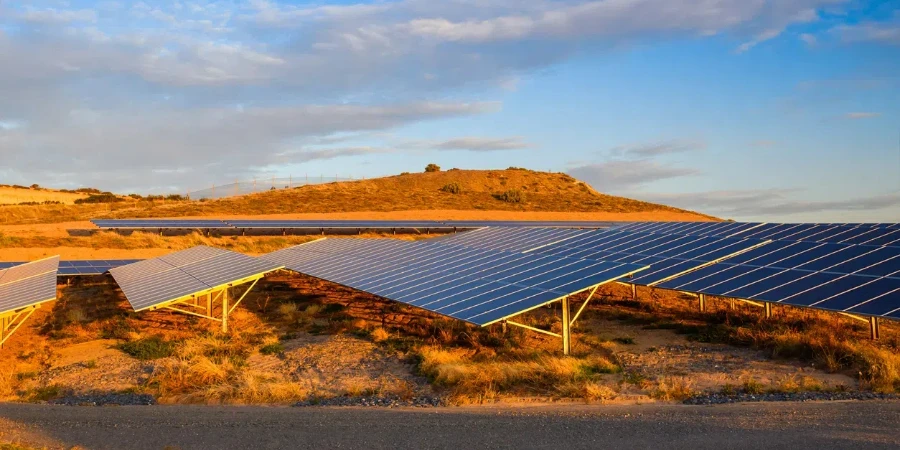 Solar panel farm at sunset located in South Australia