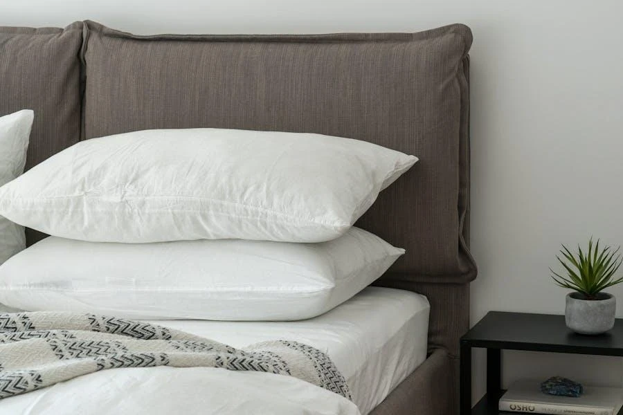 Two stacked pillows on a white bed