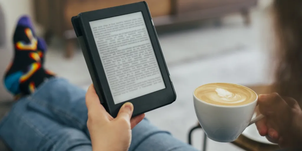 Woman reading ebook at home