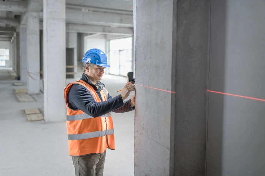 Worker measuring concrete support beam